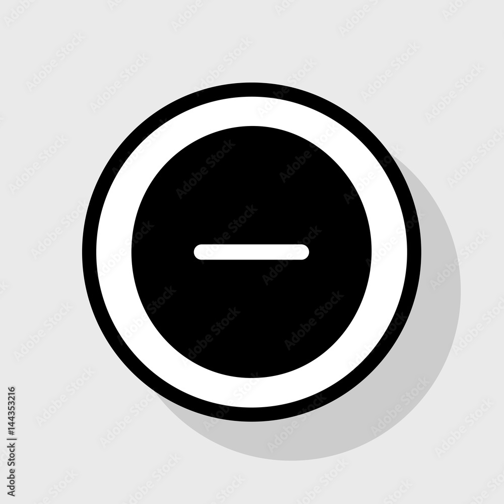 Negative symbol illustration. Minus sign. Vector. Flat black icon in white circle with shadow at gray background. Negative symbol illustration. Minus sign. Vector. Flat black icon in white circle with shadow at gray background.