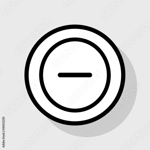 Negative symbol illustration. Minus sign. Vector. Flat black icon in white circle with shadow at gray background.