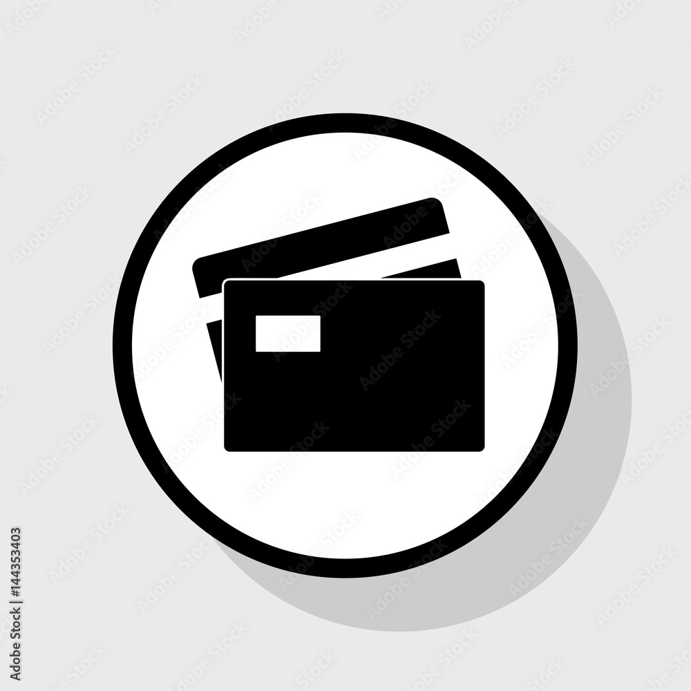 Credit Card sign. Vector. Flat black icon in white circle with shadow at gray background. Credit Card sign. Vector. Flat black icon in white circle with shadow at gray background.