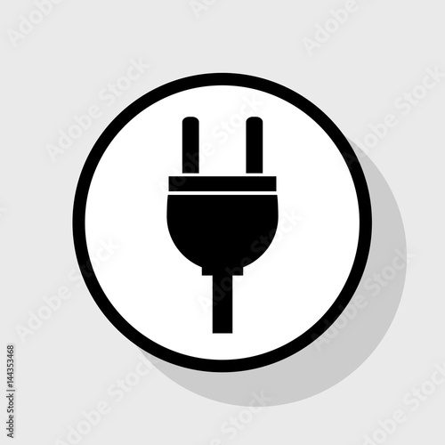 Socket sign illustration. Vector. Flat black icon in white circle with shadow at gray background.