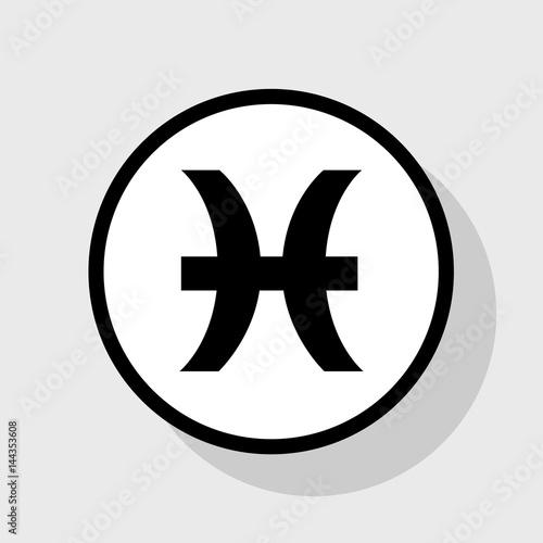 Pisces sign illustration. Vector. Flat black icon in white circle with shadow at gray background.