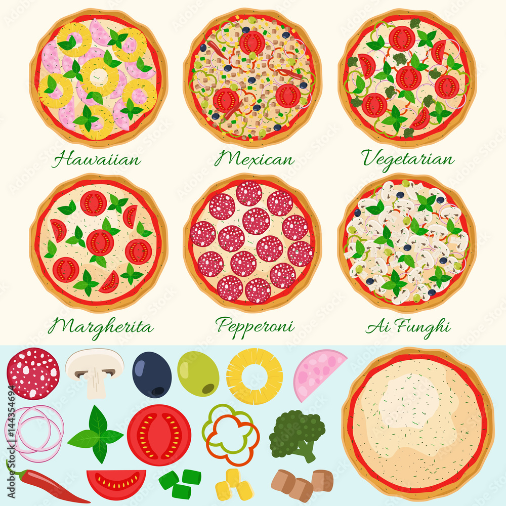 Pizza set vector illustration. Hawaiian, Margherita, Pepperoni, Vegetarian, Mexican, Mushroom pizza. Isolated pizza ingredients Pizza set vector illustration. Hawaiian, Margherita, Pepperoni, Vegetarian, Mexican, Mushroom pizza. Isolated pizza ingredients