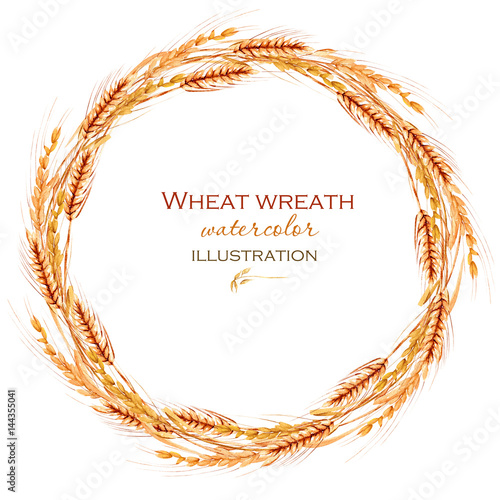 Wreath, circle frame border with wheat spikelets hand drawn in watercolor on a white background