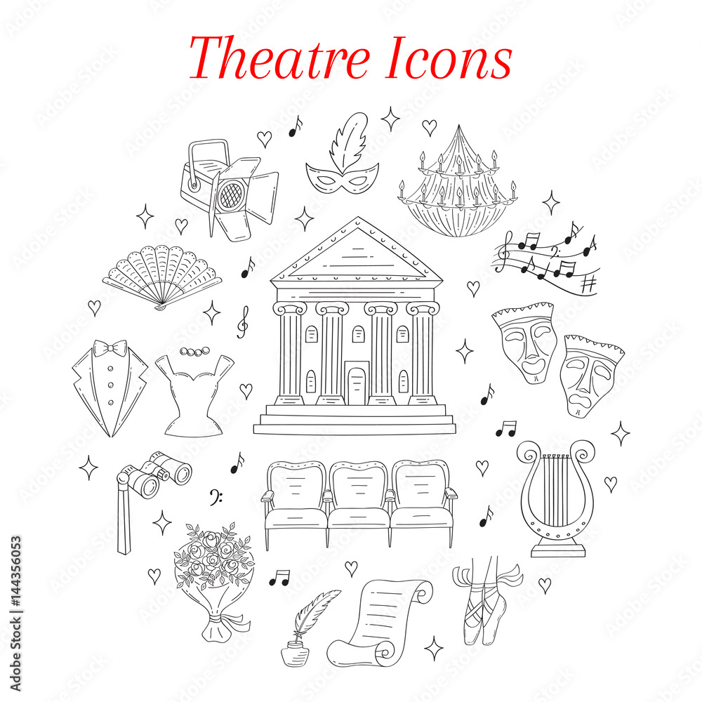 Vector set of theater icons hand drawn, doodle. Vector set of theater icons hand drawn, doodle.