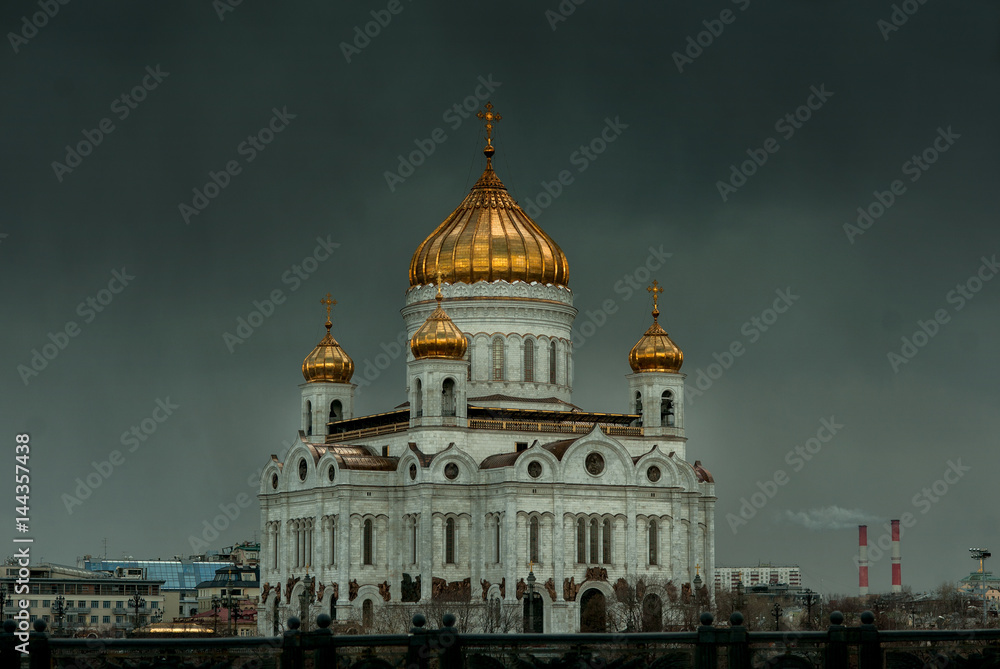 Saint Jesus Savior Cathedral in Moscow with dramatic skies behind