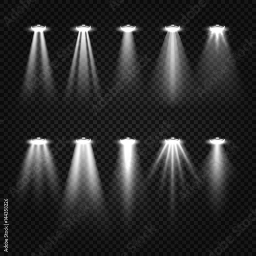 White beam lights, spotlights isolated on dark transparent background