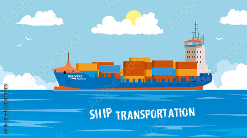 Cool detailed vector design element on seagoing freight transport with loaded container ship. Modern global cargo shipping background. Ideal for web site or social media network cover profile image