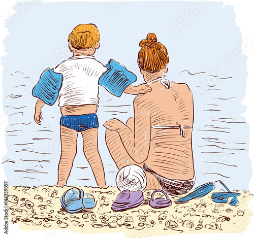 sketch of a mother with her kid on a beach