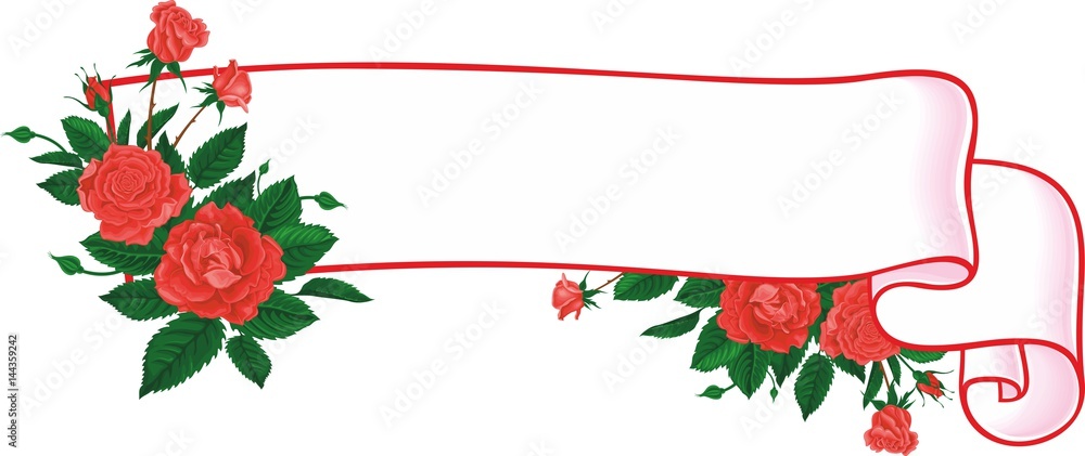 Vintage flower ribbon. Banner with red rose. Retro style. Vector