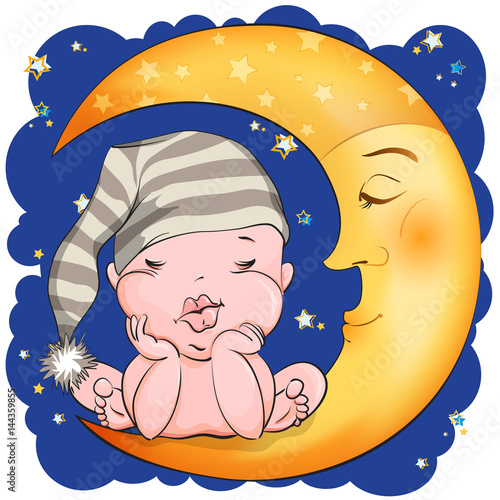 Little baby in hat sleeping on the moon