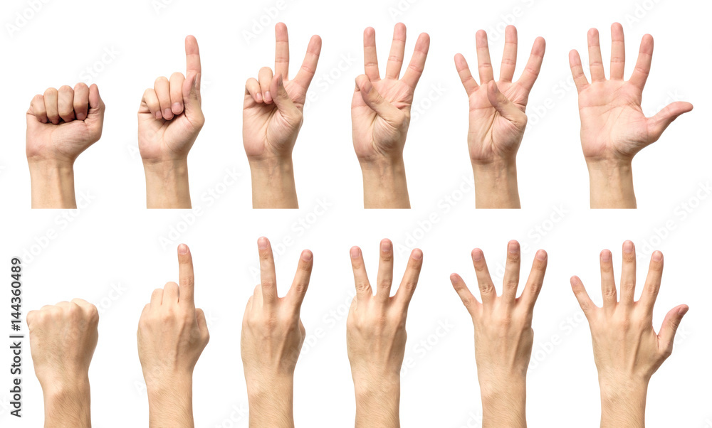 Male hands counting from zero to five isolated