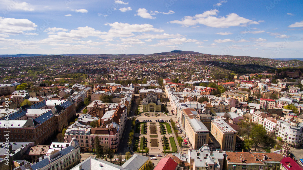 Chernivtsi city from above Western Ukraine. Sunny day with sky of the city.