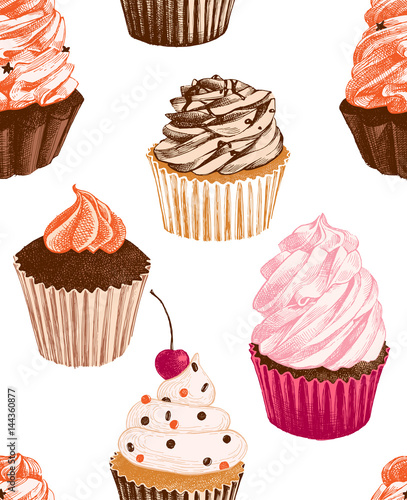 Seamless pattern with hand drawn cupcakes