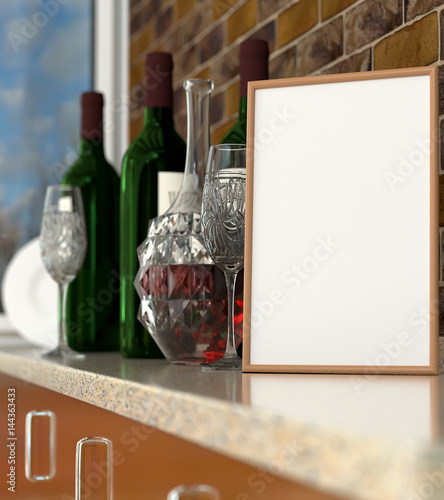 Abstract kitchen interior with wine decanter, glasses and empty frame. 3D Mock up of traditional cuisine
