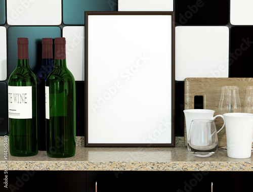 Kitchen interior with wine bottle, glasses and empty frame. 3D Mock up of traditional cuisine