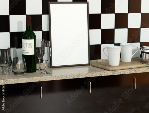Vintage Kitchen interior with wine bottle, glasses and empty frame. 3D Mock up of traditional cuisine