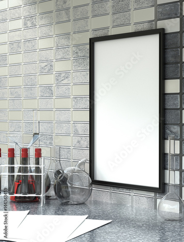 Mock up with chemical vessels and flasks on a marble table. 3d illustration