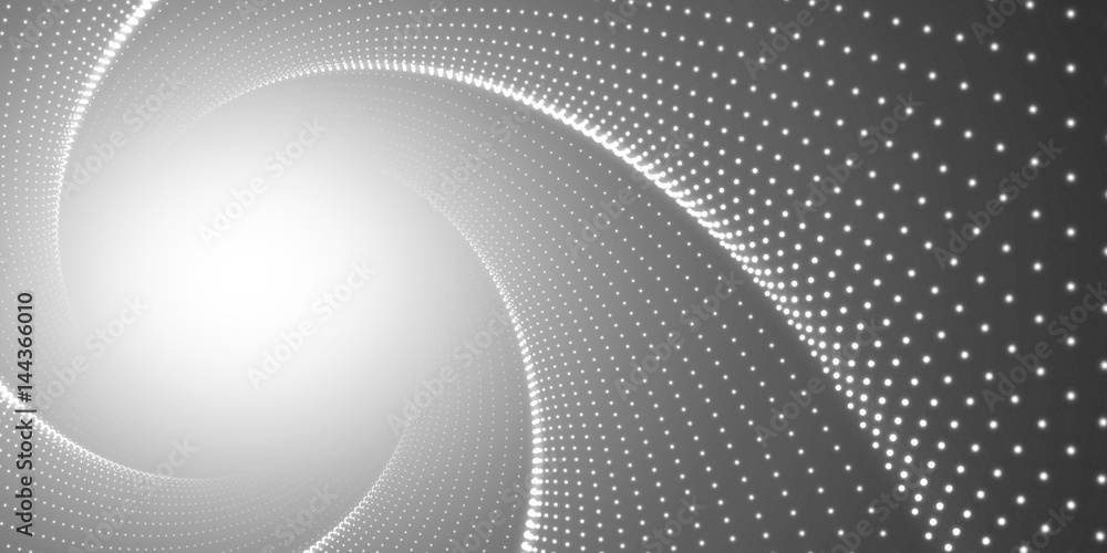 Vector infinite round twisted tunnel of shining flares on black background. Glowing points form tunnel. Abstract cyber colorful background. Elegant modern geometric wallpaper. Shining points swirl.