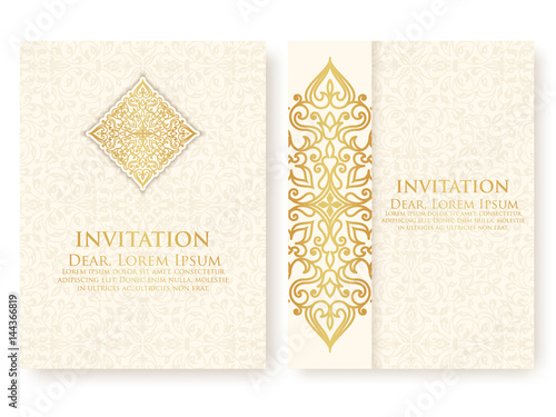 Vector invitation, cards with ethnic arabesque elements. Arabesque style design. Elegant floral abstract ornaments. Front and back side of card. Business cards. eps10