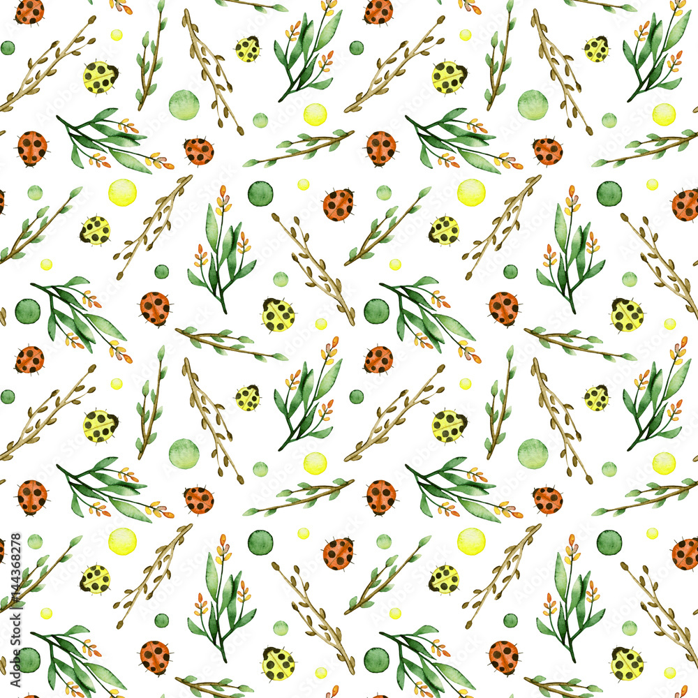 Seamless Pattern of Watercolor Herbs, Spots And Woods Seamless Pattern of Watercolor Herbs, Spots And Woods