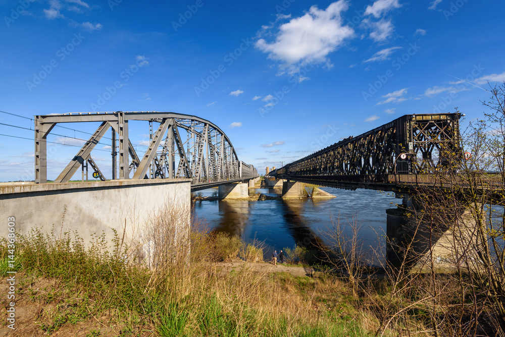 The historic pair of bridges over Vistula river, a road one and a railroad one. The bridges are 837 meters long. Tczew, Poland. Europe.