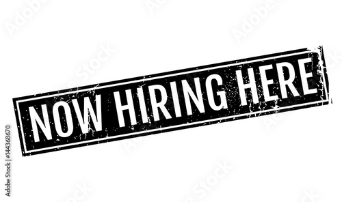 Now Hiring Here rubber stamp. Grunge design with dust scratches. Effects can be easily removed for a clean, crisp look. Color is easily changed.