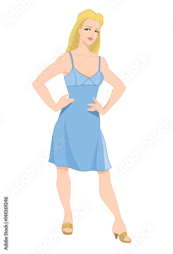 Vector illustration of young woman in dress with lace on white background