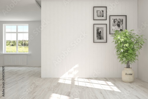 Fototapeta Naklejka Na Ścianę i Meble -  White empty room with green landscape in window. Scandinavian interior design. 3D illustration