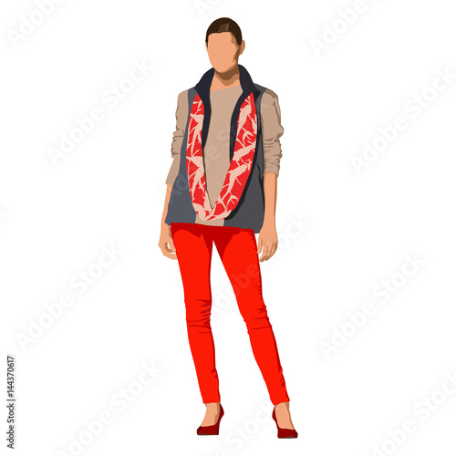 Fashionably dressed young woman standing. Vector isolated illustration