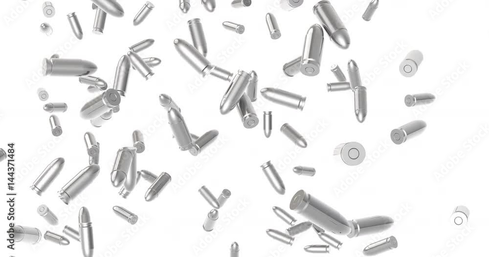 Silver bullet storm / 3D animation of spinning silver bullets drifting across screen Silver bullet storm / 3D animation of spinning silver bullets drifting across screen