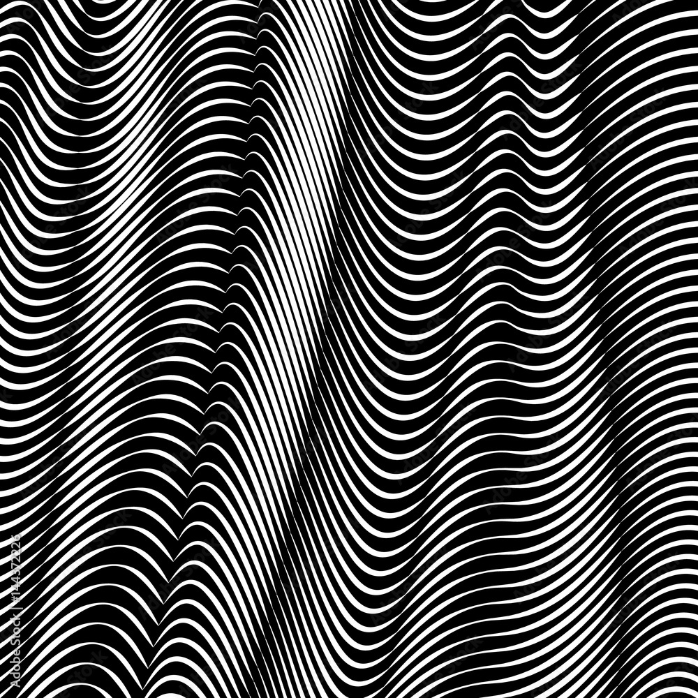 Vector warped lines background. Flexible stripes twisted as silk forming volumetric folds. Grayscale stripes with variable width. Modern abstract creative backdrop.