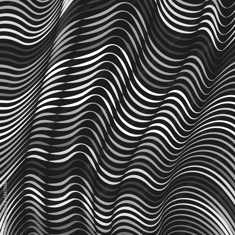 Vector warped lines background. Flexible stripes twisted as silk forming volumetric folds. Grayscale stripes with variable width. Modern abstract creative backdrop. Vector warped lines background. Flexible stripes twisted as silk forming volumetric folds. Grayscale stripes with variable width. Modern abstract creative backdrop.