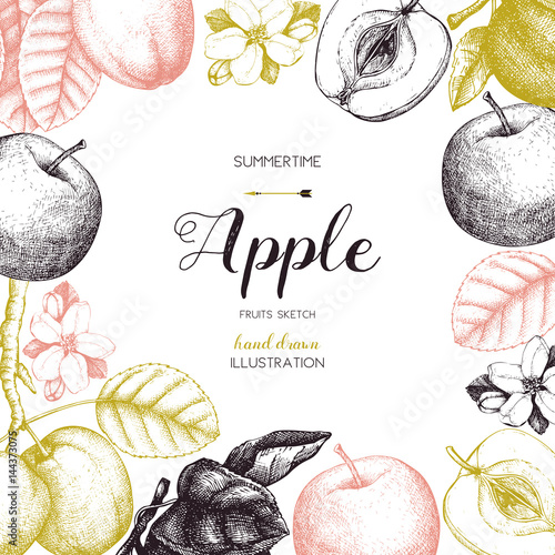 Vintage card design with apple fruits sketch.