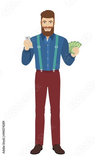 Hipster with money using mobile phone