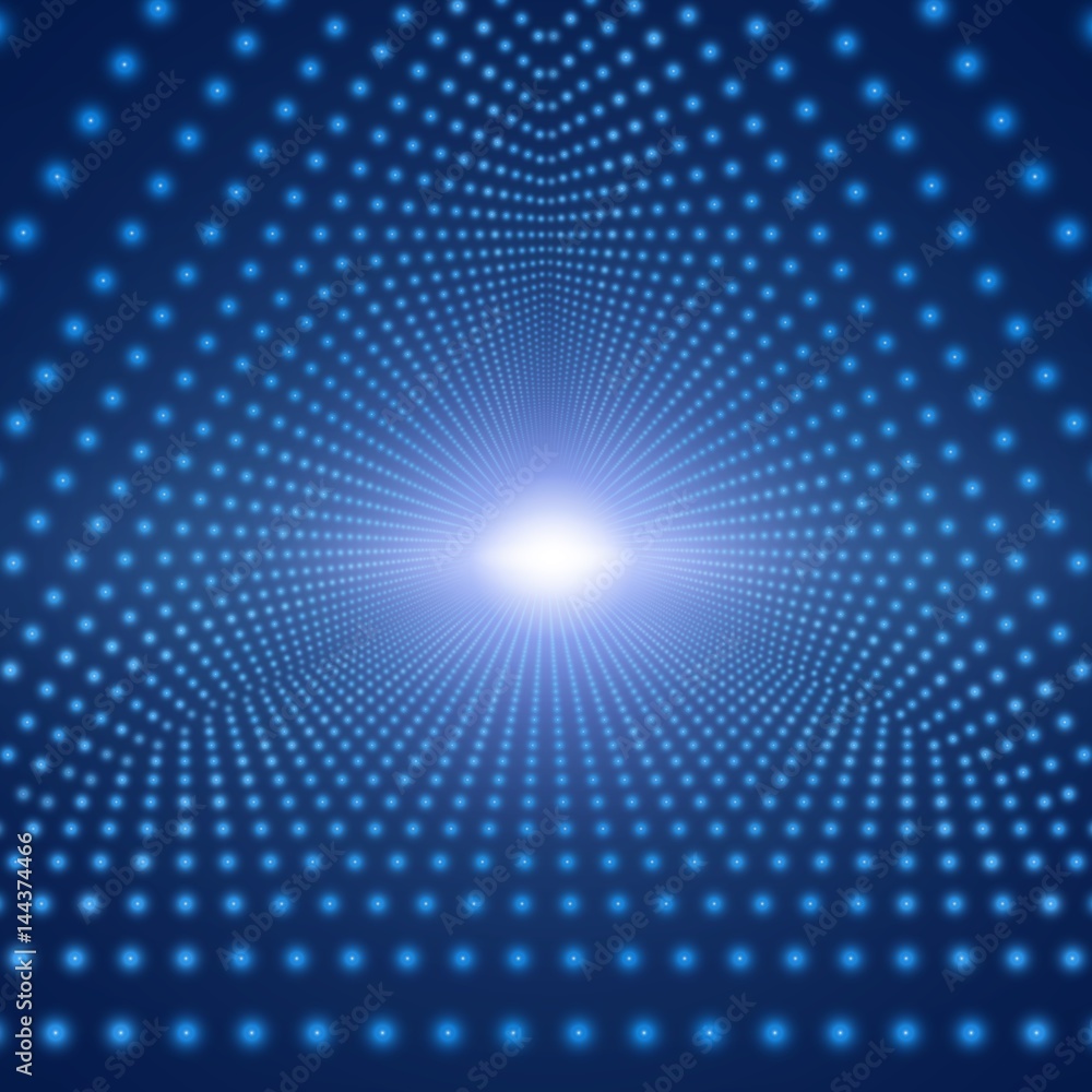 Vector infinite triangular tunnel of shining flares on blue background. Glowing points form tunnel sectors. Abstract cyber colorful background for your designs. Elegant modern geometric wallpaper. Vector infinite triangular tunnel of shining flares on blue background. Glowing points form tunnel sectors. Abstract cyber colorful background for your designs. Elegant modern geometric wallpaper.