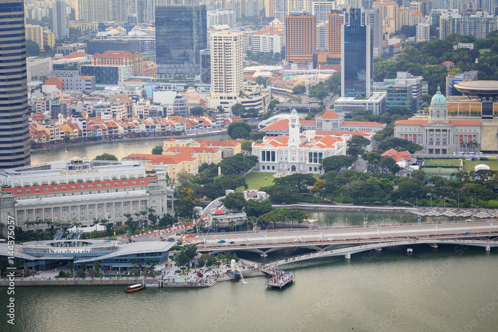 vue en hauteur sur le merlion de Singapour depuis le marina skypark