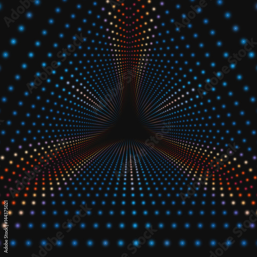 Vector infinite triangular tunnel of colorful circles on dark background. Spheres form tunnel sectors. Abstract cyber colorful background for your designs. Elegant modern geometric wallpaper.