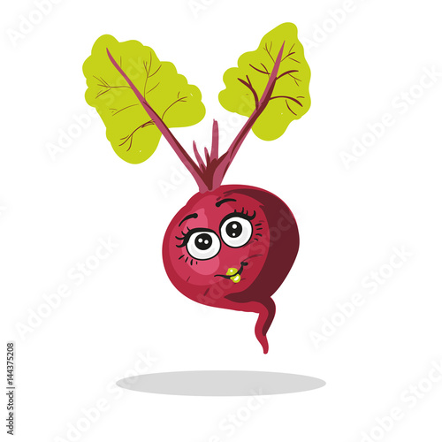 Cute beet character girl with leaves isolated on white