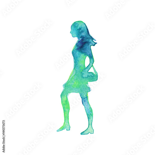Watercolor silhouette of young woman in dress. Hand drawn abstract gradient portrait. Painting fashion illustration on white background
