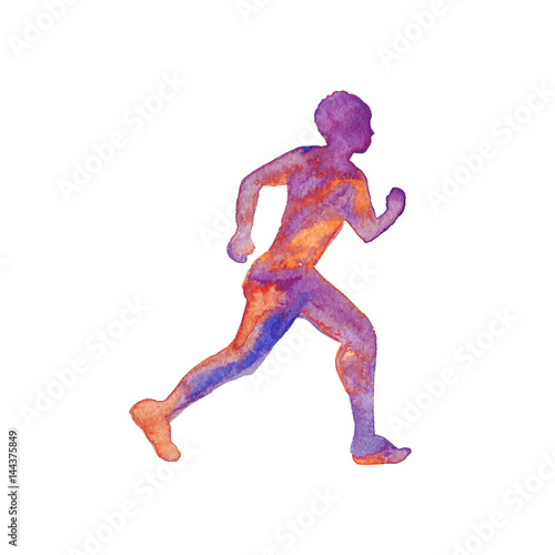 Watercolor silhouette of strong running man. Hand drawn abstract gradient portrait. Painting sport illustration on white background © Cincinart