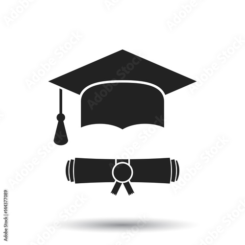 Graduation cap and diploma scroll icon vector illustration in flat style. Finish education symbol. Celebration element.