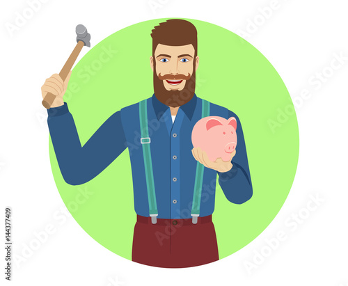 Hipster trying to break a piggy bank with a hammer