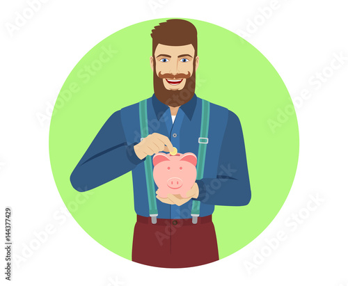 Hipster putting a coin into piggy bank