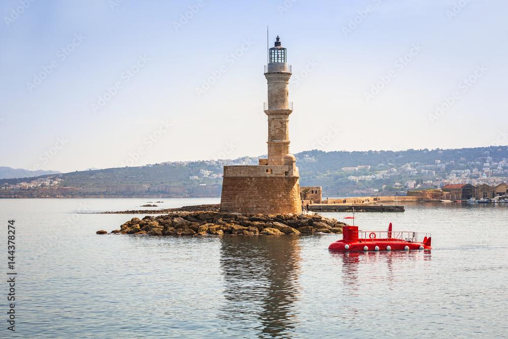 Lighthouse in old harbour of Chania on Crete, Greece