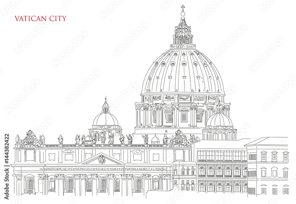 Vatican minimal vector illustration on white background, view of Saint Peters basilica and Vatican flag