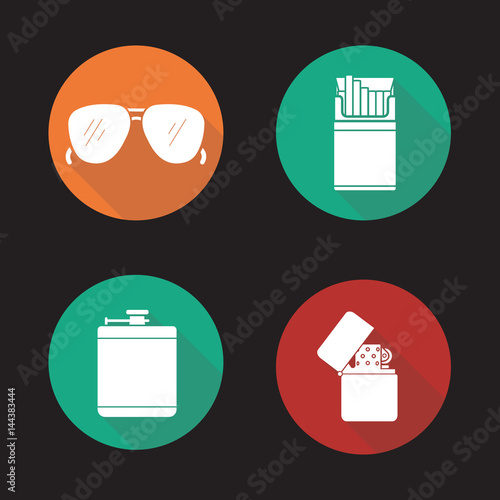 Men's accessories flat design long shadow icons set