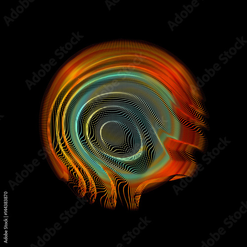Abstract vector colorful mesh sphere on dark background. Futuristic style card. Elegant background for business presentations. Corrupted point sphere. Chaos aesthetics.