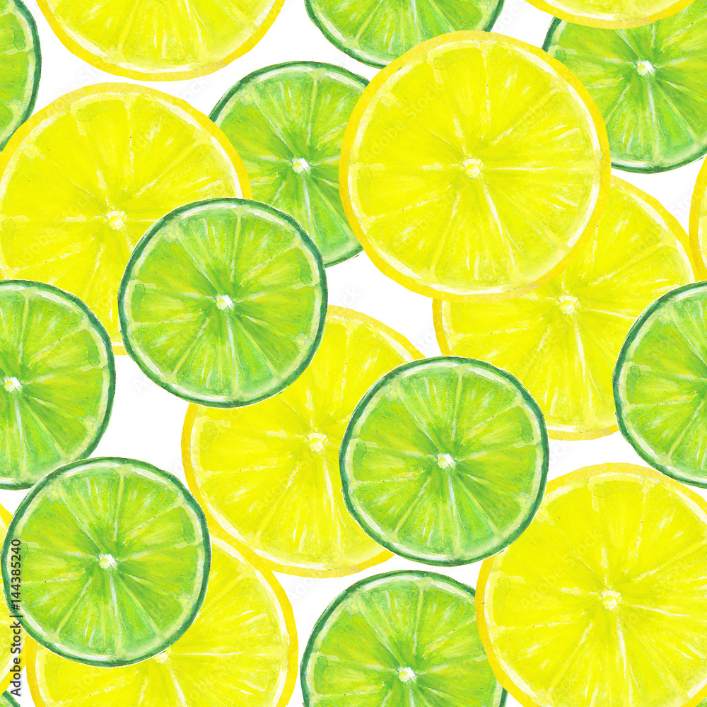 Summer green and yellow background. Lemon and lime slices seamless pattern. Watercolor hand drawn bright color seamless texture with tropical natural organic citrus slices on white background
