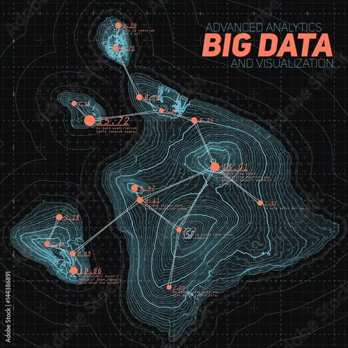 Terrain big data visualization. Futuristic map infographic. Complex topographical data graphic visualization. Abstract data on elevation graph. Colorful geographical data image.