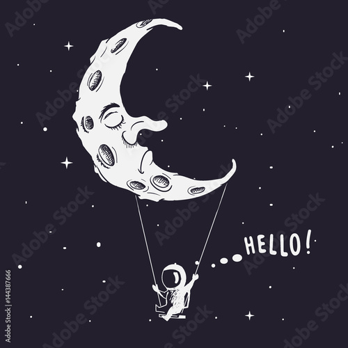 Spaceman on swing boat with moon.